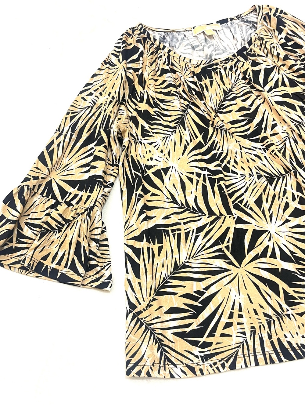 Michael Kors Women's Black and Tan Fall Palm-Leaf Print Bell-Sleeve Top Large - Picture 2 of 16